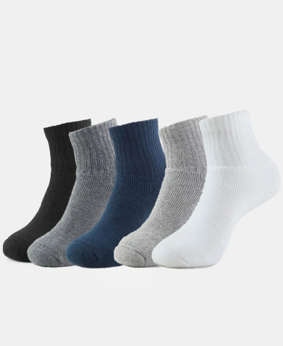 Pack of 5 Compact Cotton Terry Ankle Length Socks With StayFresh Treatment - Black, White, Navy, Mid Grey & Charcoal Melange