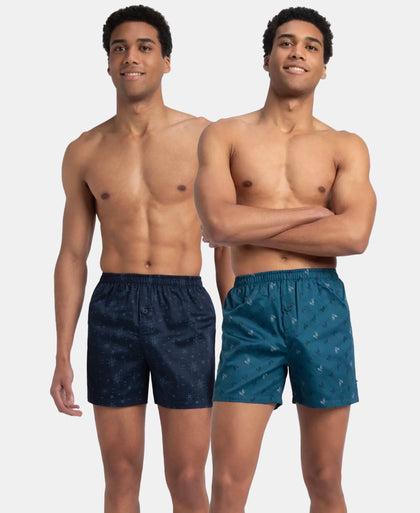 Super Combed Mercerized Cotton Woven Printed Inner Boxers with Ultrasoft and Durable Inner Waistband - Navy & Seaport Teal (Pack of 2)