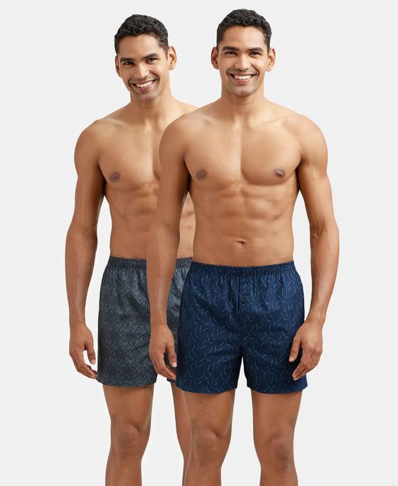 Super Combed Mercerized Cotton Woven Printed Inner Boxers with Ultrasoft and Durable Inner Waistband - Black & Navy 3 (Pack of 2)