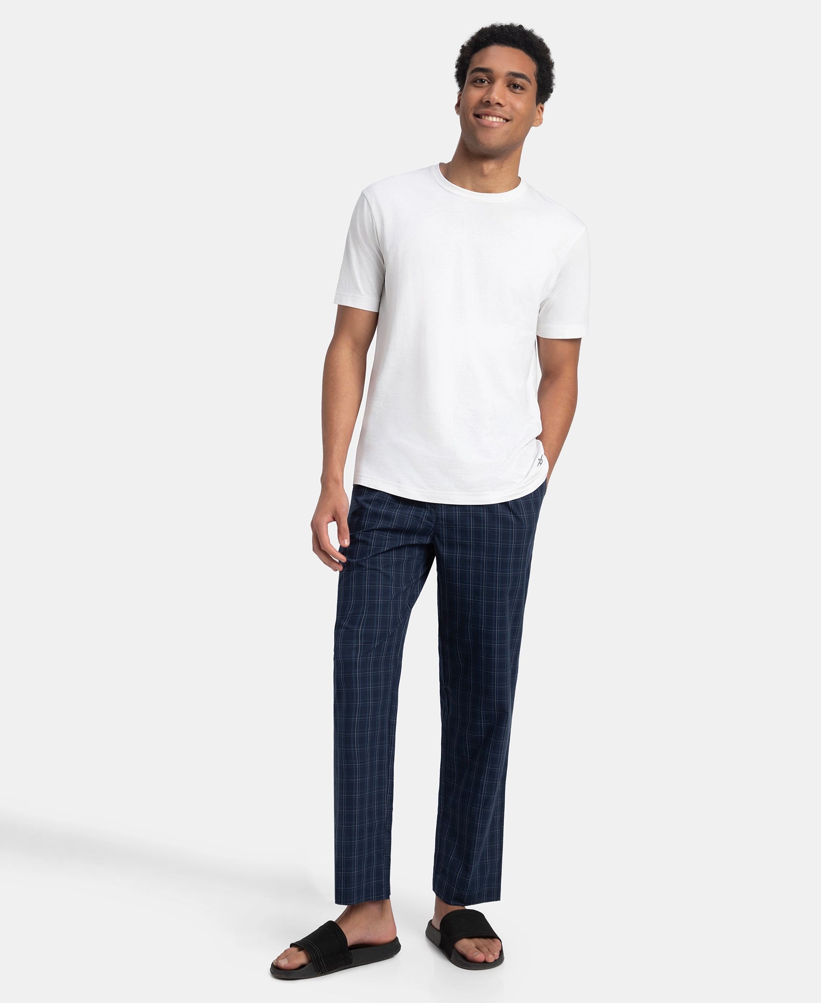 Super Combed Cotton Woven Fabric Regular Fit Checkered Pyjama with Side Pockets - Navy & Grey