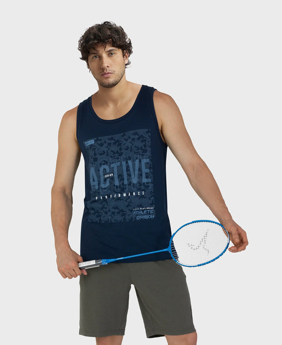 Super Combed Cotton Rich Graphic Printed Tank Top - Navy