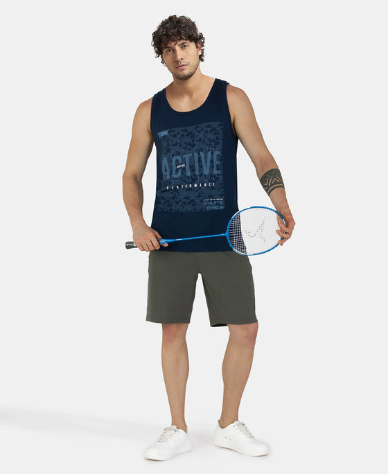 Super Combed Cotton Rich Graphic Printed Tank Top - Navy