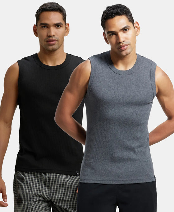 Super Combed Cotton Rib Solid Round Neck Muscle Vest - Black & Charcoal (Pack of 2)