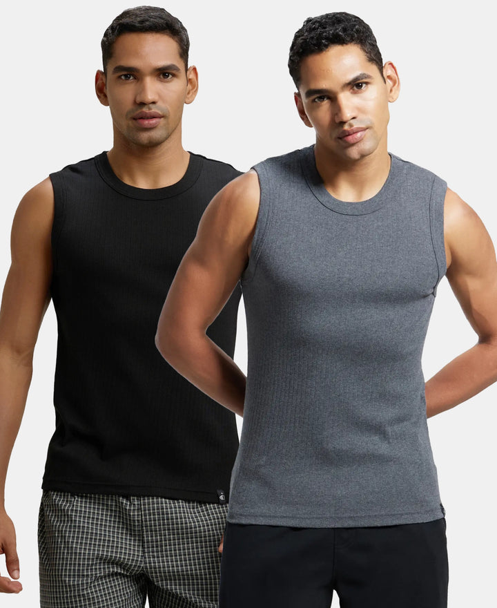 Super Combed Cotton Rib Solid Round Neck Muscle Vest - Black & Charcoal (Pack of 2)