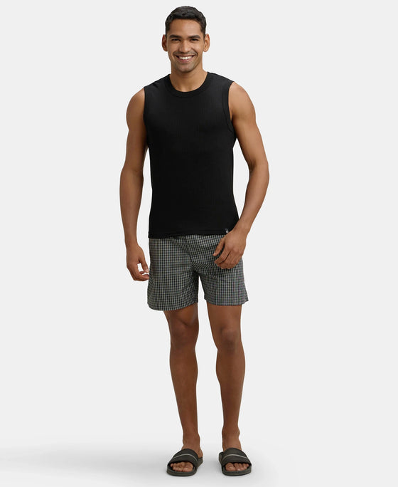 Super Combed Cotton Rib Solid Round Neck Muscle Vest - Black & Charcoal (Pack of 2)