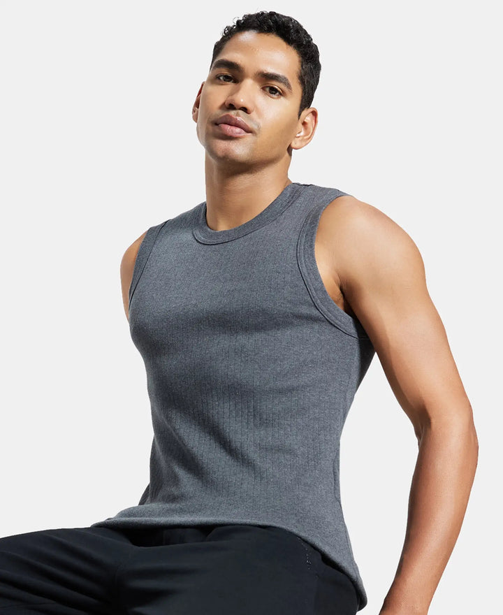 Super Combed Cotton Rib Solid Round Neck Muscle Vest - Black & Charcoal (Pack of 2)