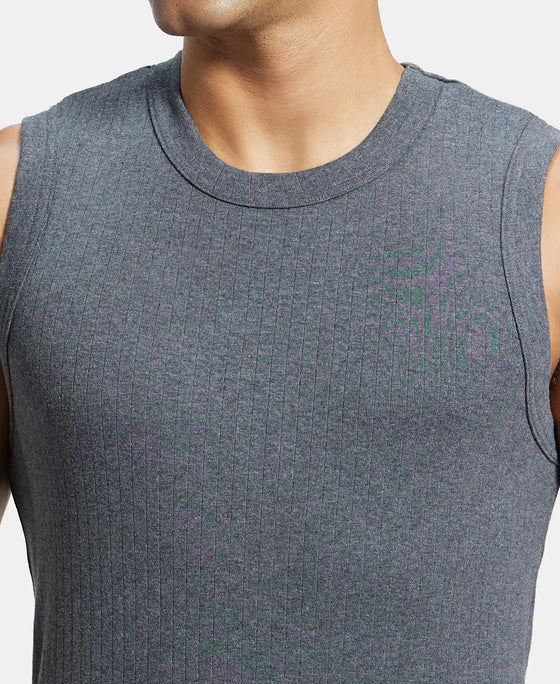 Super Combed Cotton Rib Solid Round Neck Muscle Vest - Black & Charcoal (Pack of 2)
