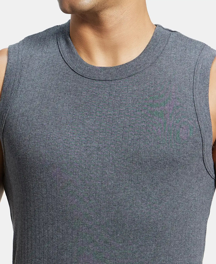 Super Combed Cotton Rib Solid Round Neck Muscle Vest - Black & Charcoal (Pack of 2)