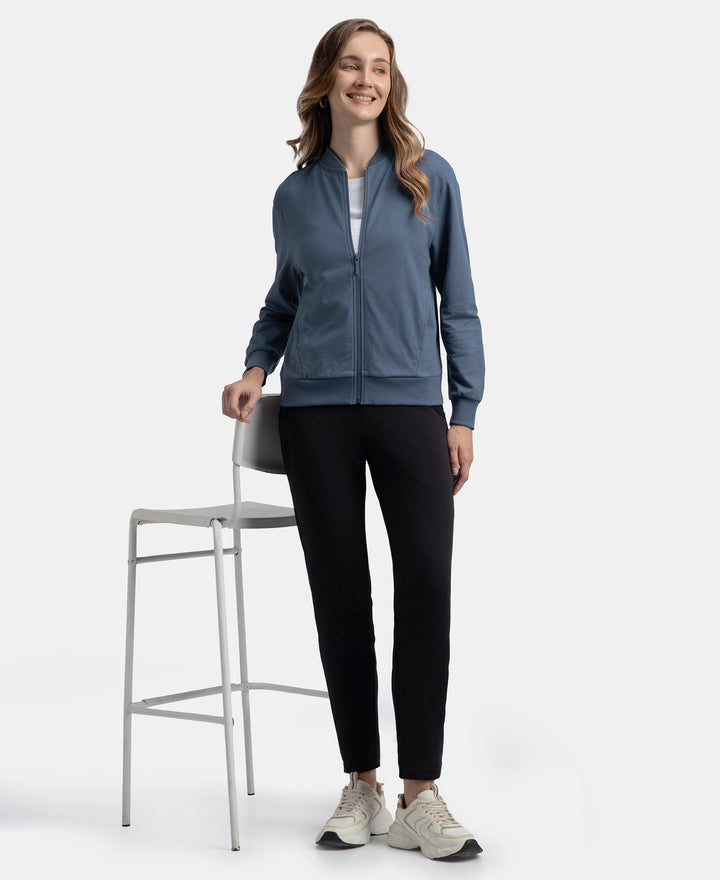 Super Combed Cotton French Terry Drop Shoulder Styled Jacket with Ribbed Cuff and Hem - Vintage Indigo