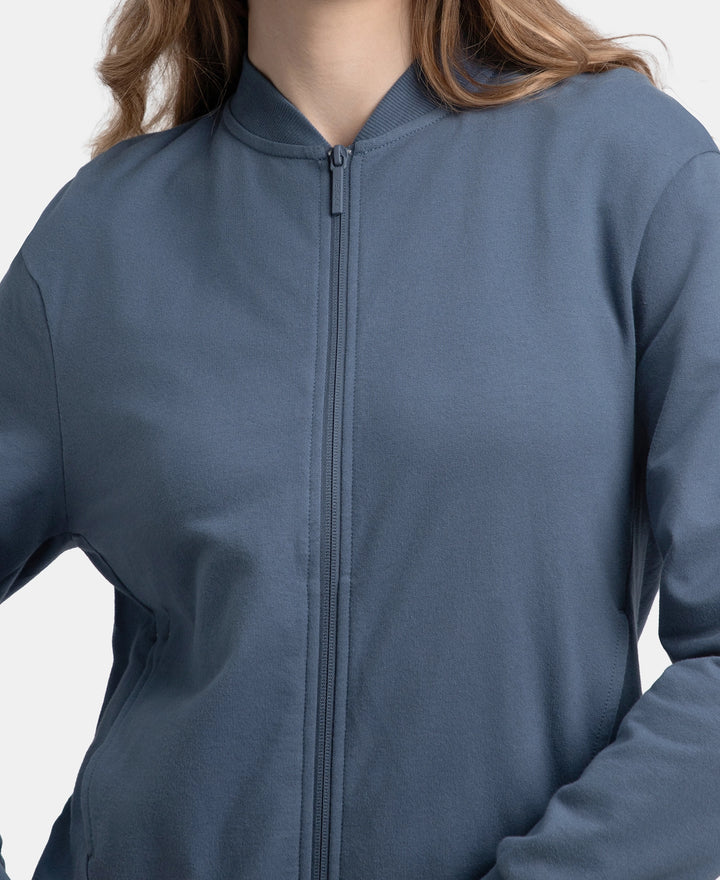 Super Combed Cotton French Terry Drop Shoulder Styled Jacket with Ribbed Cuff and Hem - Vintage Indigo