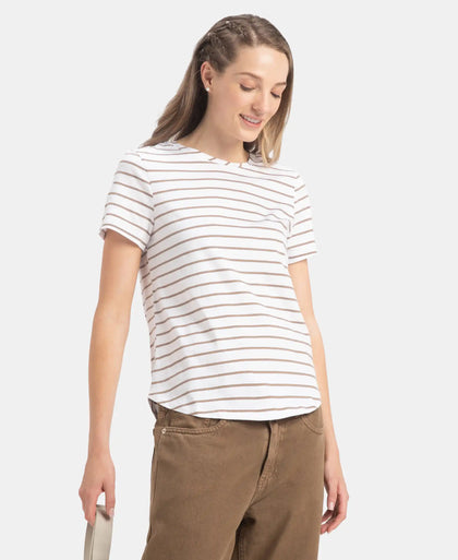 Super Combed Cotton Stripe Fabric Relaxed Fit Round Neck Half Sleeve T-Shirt with Curved Hem Styling - White