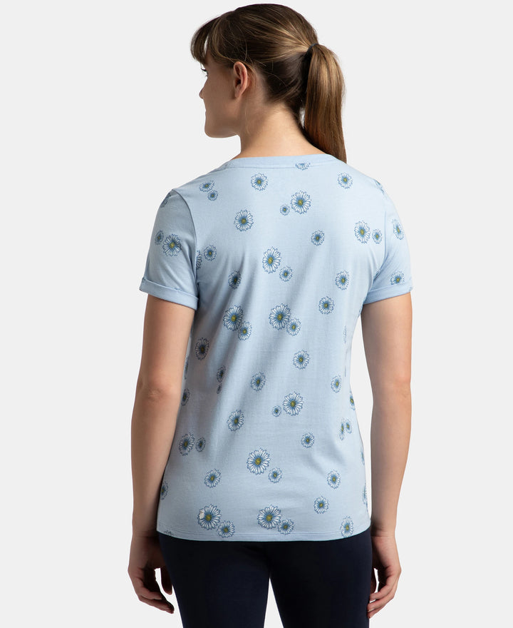 Super Combed Cotton Relaxed Fit Printed Half Sleeve T-Shirt - Chambray Blue