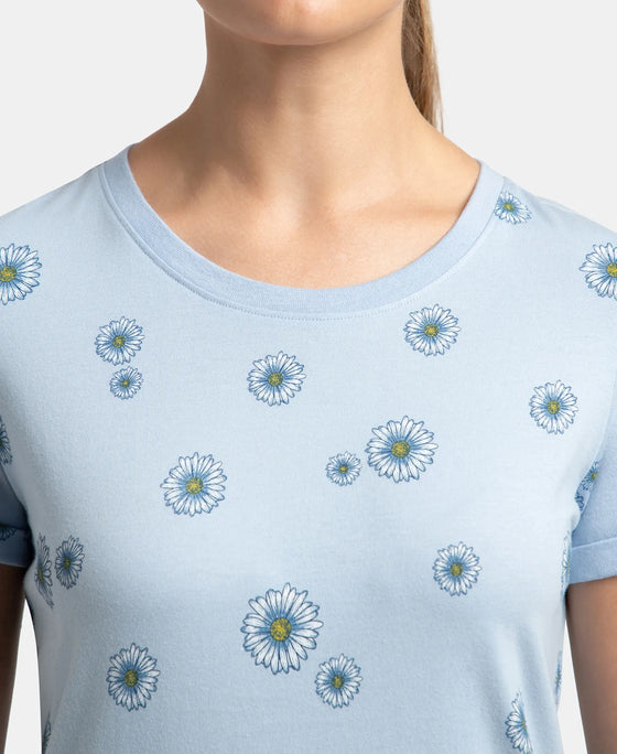 Super Combed Cotton Relaxed Fit Printed Half Sleeve T-Shirt - Chambray Blue