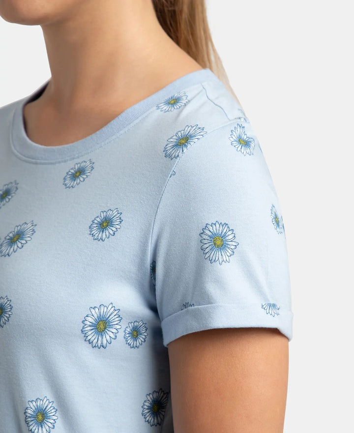 Super Combed Cotton Relaxed Fit Printed Half Sleeve T-Shirt - Chambray Blue