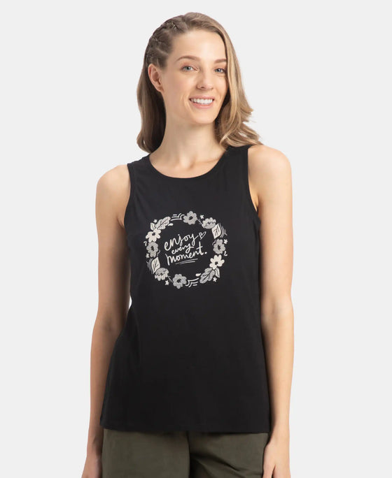 Super Combed Cotton Relaxed Fit Printed Racerback Styled Tank Top - Black
