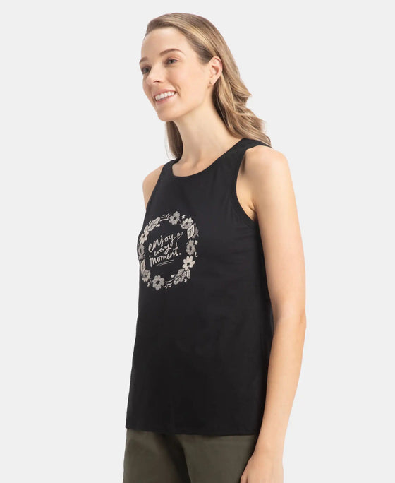 Super Combed Cotton Relaxed Fit Printed Racerback Styled Tank Top - Black