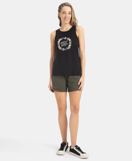 Super Combed Cotton Relaxed Fit Printed Racerback Styled Tank Top - Black