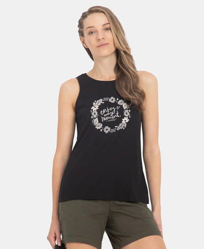 Super Combed Cotton Relaxed Fit Printed Racerback Styled Tank Top - Black