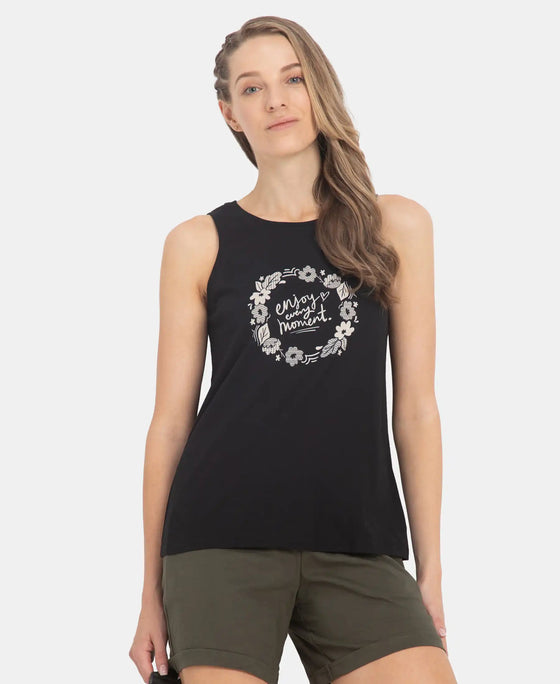 Super Combed Cotton Relaxed Fit Printed Racerback Styled Tank Top - Black