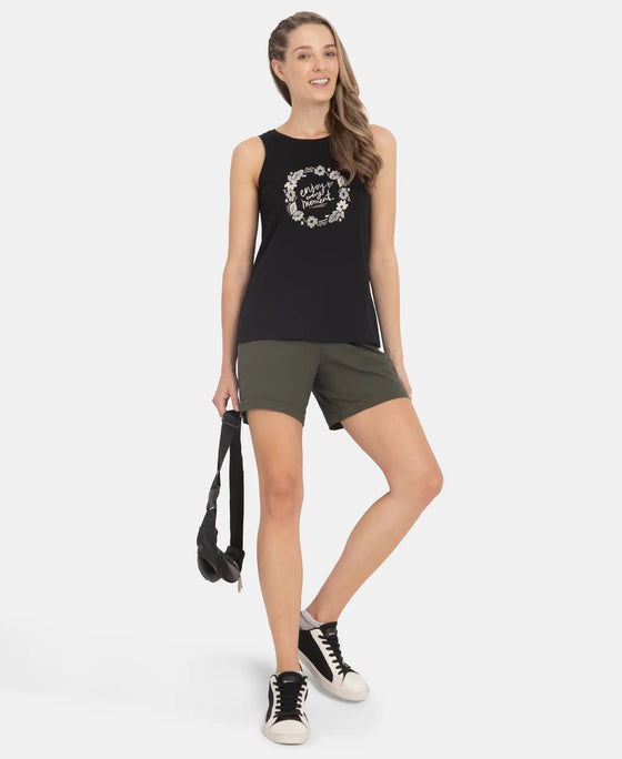 Super Combed Cotton Relaxed Fit Printed Racerback Styled Tank Top - Black