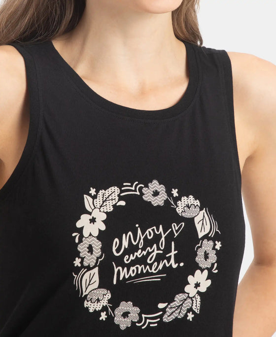 Super Combed Cotton Relaxed Fit Printed Racerback Styled Tank Top - Black