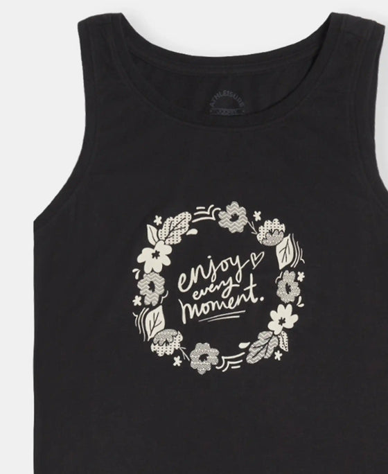 Super Combed Cotton Relaxed Fit Printed Racerback Styled Tank Top - Black