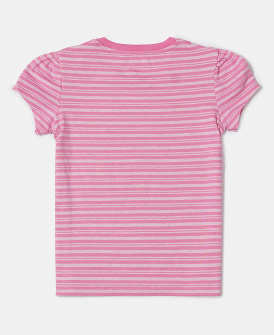 Girl's Super Combed Cotton Elastane Stretch Rib Striped Short Sleeve T-Shirt - Aurora Pink & Pink lady Melange