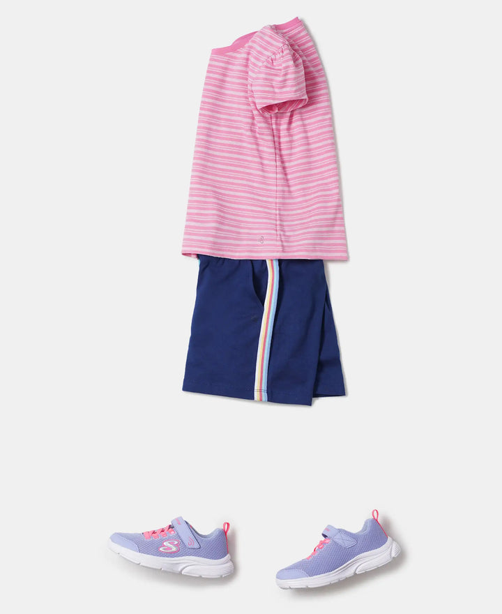 Girl's Super Combed Cotton Elastane Stretch Rib Striped Short Sleeve T-Shirt - Aurora Pink & Pink lady Melange