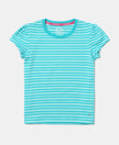 Girl's Super Combed Cotton Elastane Stretch Rib Striped Short Sleeve T-Shirt - Paradise Teal & Aqua Splash