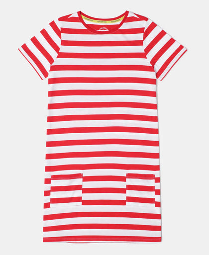 Girl's Super Combed Cotton Striped Dress - Rio Red