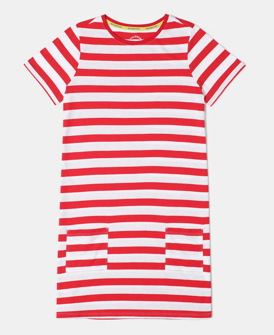 Girl's Super Combed Cotton Striped Dress - Rio Red