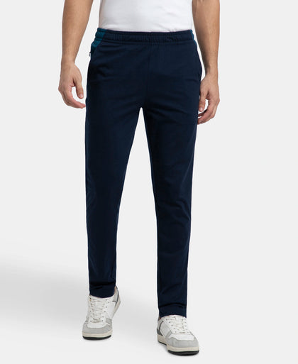 Super Combed Cotton Rich Slim Fit Trackpant with Zipper Media Pocket - Navy
