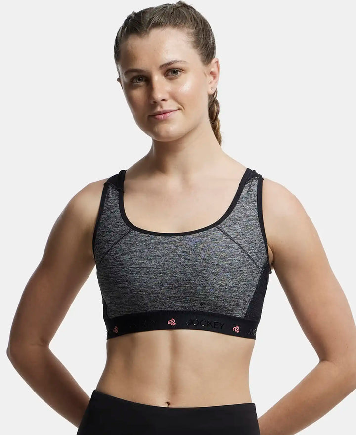 Wirefree Padded Tactel Nylon Elastane Stretch Full Coverage Racer Back Styling Sports Bra with StayFresh and StayDry Treatment - Black Melange