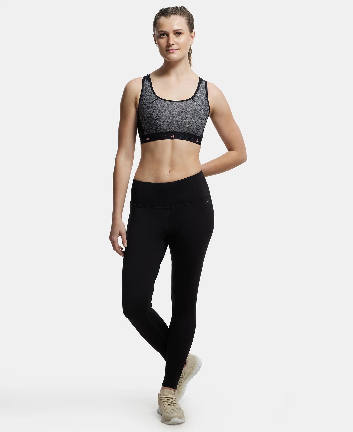 Wirefree Padded Tactel Nylon Elastane Stretch Full Coverage Racer Back Styling Sports Bra with StayFresh and StayDry Treatment - Black Melange