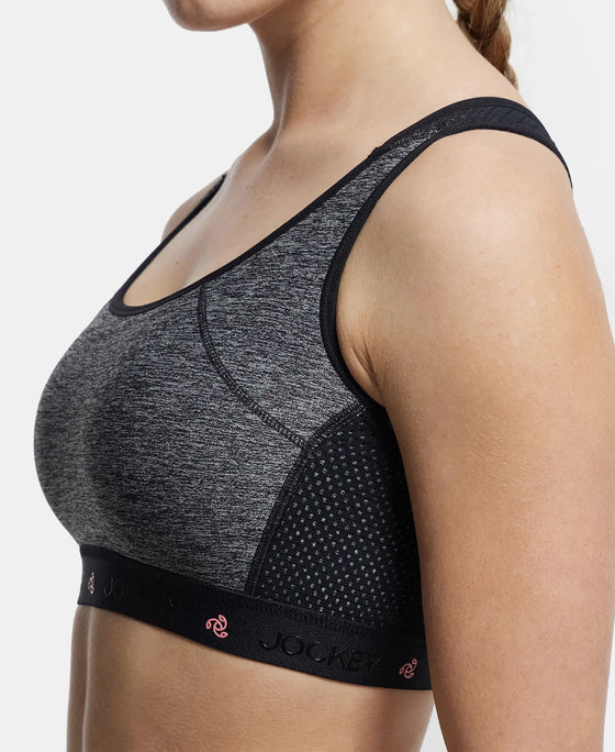 Wirefree Padded Tactel Nylon Elastane Stretch Full Coverage Racer Back Styling Sports Bra with StayFresh and StayDry Treatment - Black Melange