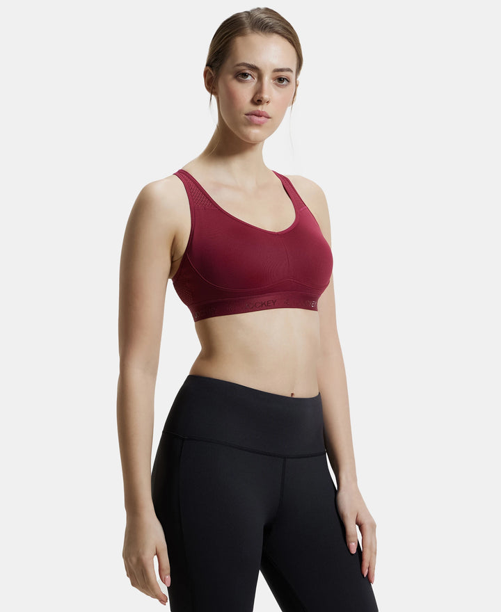 Wirefree Padded Tactel Nylon Elastane Stretch Full Coverage Sports Bra with Optional Cross Back Styling - Claret