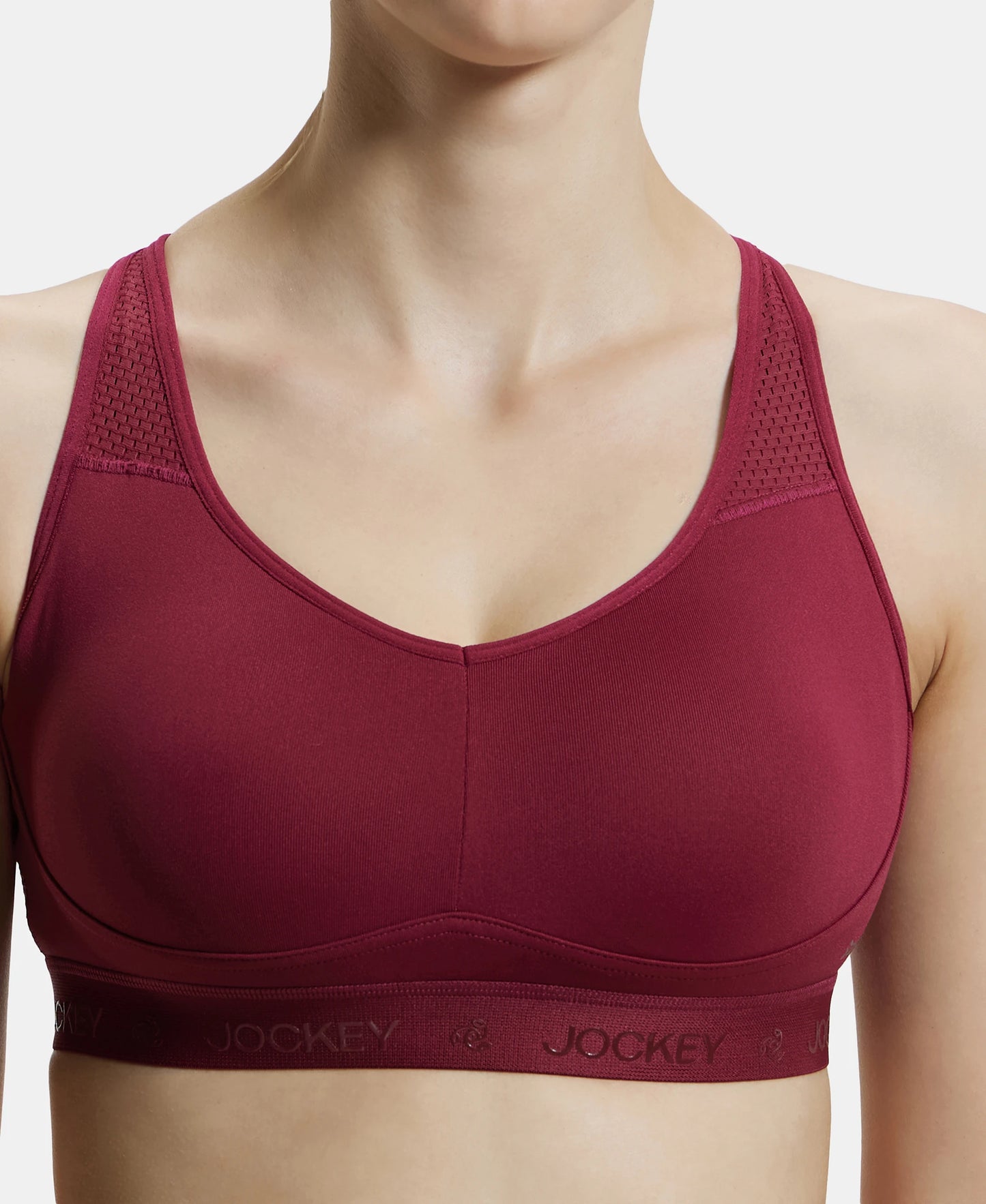 Wirefree Padded Tactel Nylon Elastane Stretch Full Coverage Sports Bra with Optional Cross Back Styling - Claret