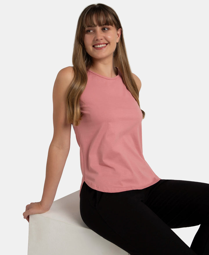 Super Combed Cotton Rich Solid Curved Hem Styled Tank Top - Brandied Apricot