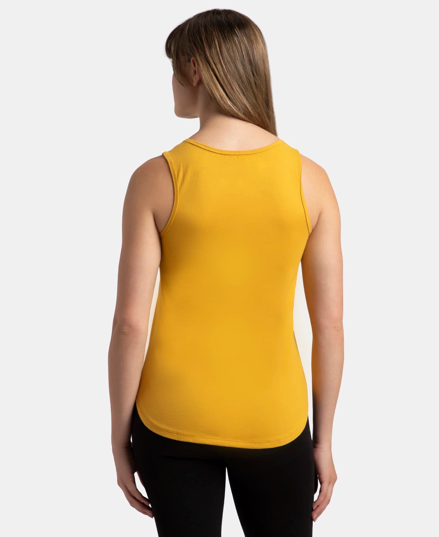 Super Combed Cotton Rich Solid Curved Hem Styled Tank Top - Golden Spice