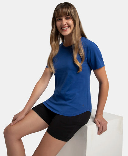 Super Combed Cotton Rich Relaxed Fit Solid Curved Hem Styled Half Sleeve T-Shirt - Mazarine Blue