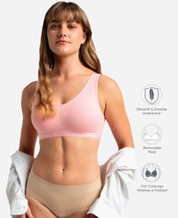 Wirefree Padded Super Combed Cotton Elastane Stretch Full Coverage Lounge and Sleep Bra with Removable Pads - Candy Pink