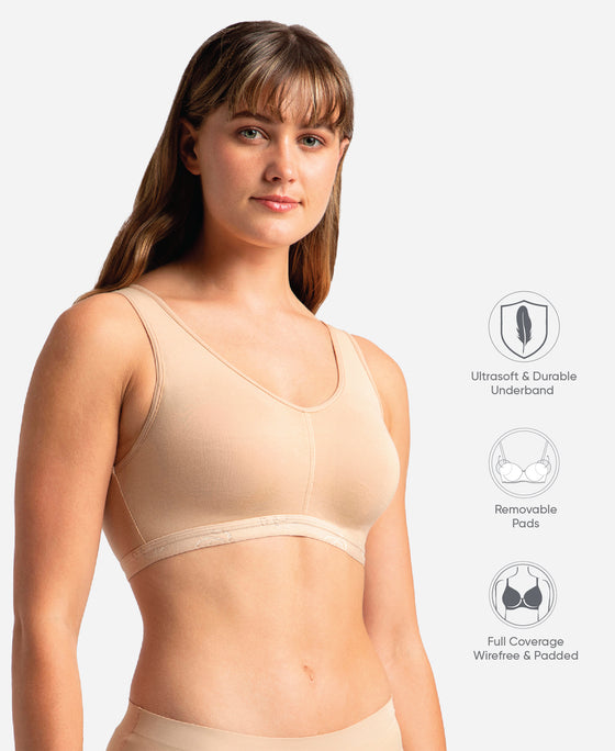 Wirefree Padded Super Combed Cotton Elastane Stretch Full Coverage Lounge and Sleep Bra with Removable Pads - Skin