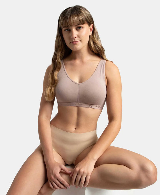 Wirefree Padded Super Combed Cotton Elastane Stretch Full Coverage Lounge and Sleep Bra with Removable Pads - Mocha