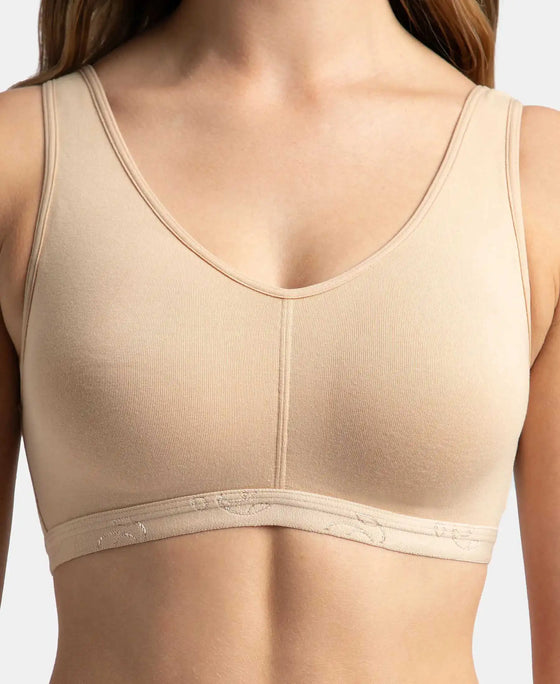Wirefree Padded Super Combed Cotton Elastane Stretch Full Coverage Lounge and Sleep Bra with Removable Pads - Skin