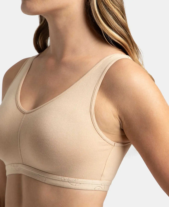 Wirefree Padded Super Combed Cotton Elastane Stretch Full Coverage Lounge and Sleep Bra with Removable Pads - Skin