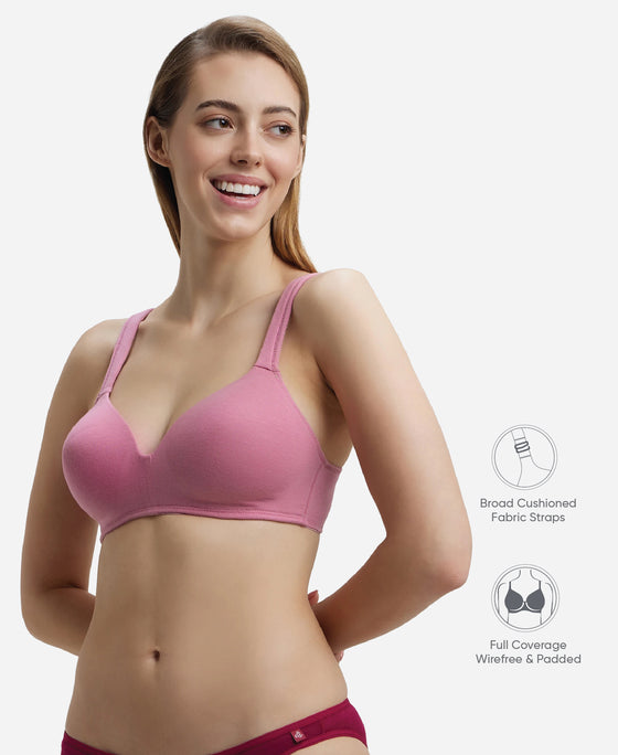 Wirefree Padded Super Combed Cotton Elastane Stretch Full Coverage Lounge Bra with Broad Cushioned Fabric Strap - Heather Rose