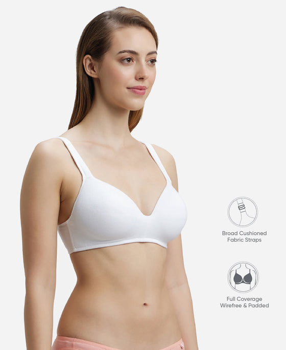 Wirefree Padded Super Combed Cotton Elastane Stretch Full Coverage Lounge Bra with Broad Cushioned Fabric Strap - White