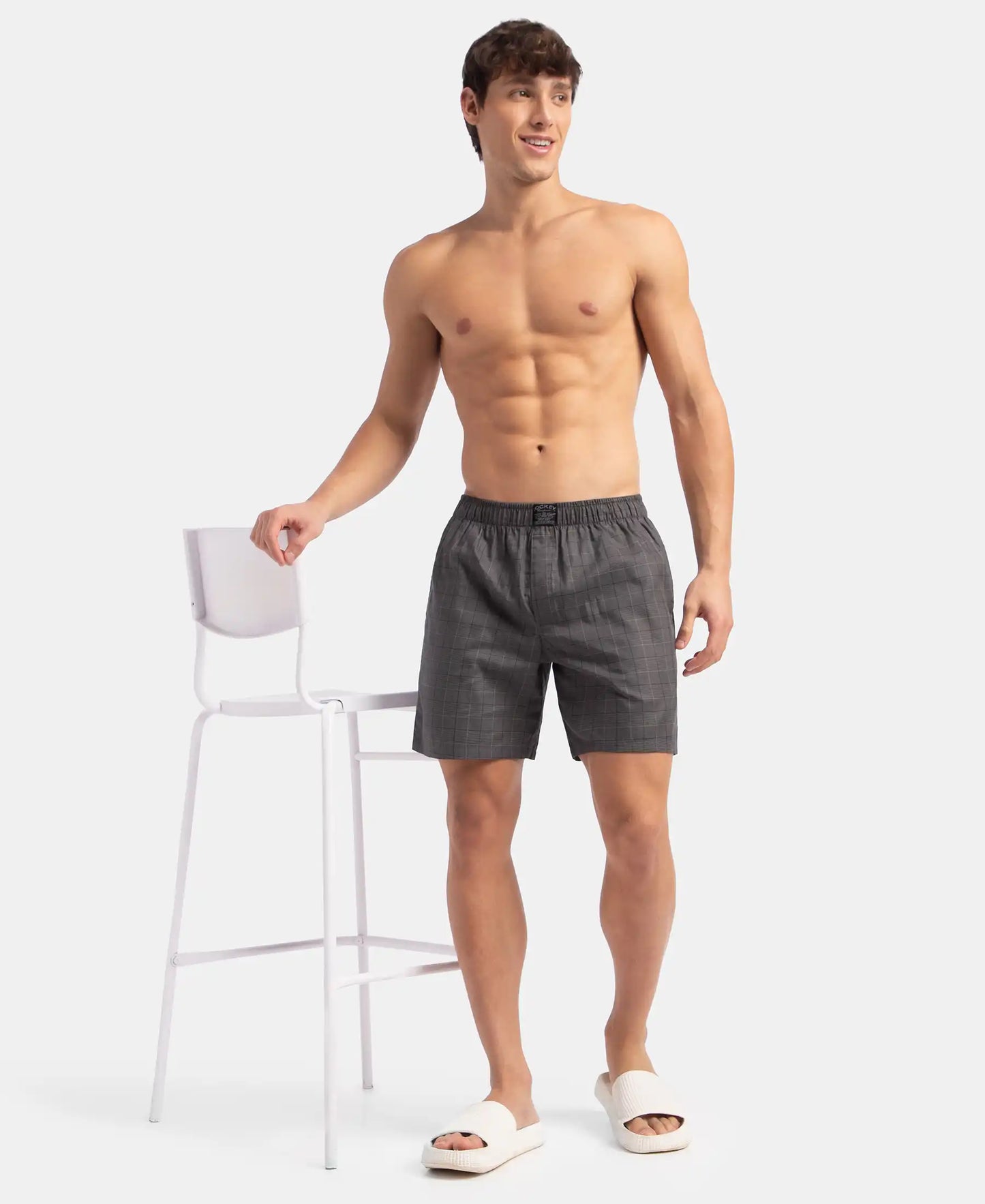 Tencel Lyocell Cotton Checkered Boxer Shorts with Side Pockets - Graphite