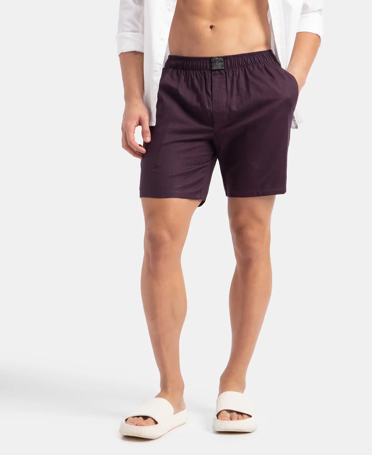 Tencel Lyocell Cotton Checkered Boxer Shorts with Side Pockets - Potent Purple