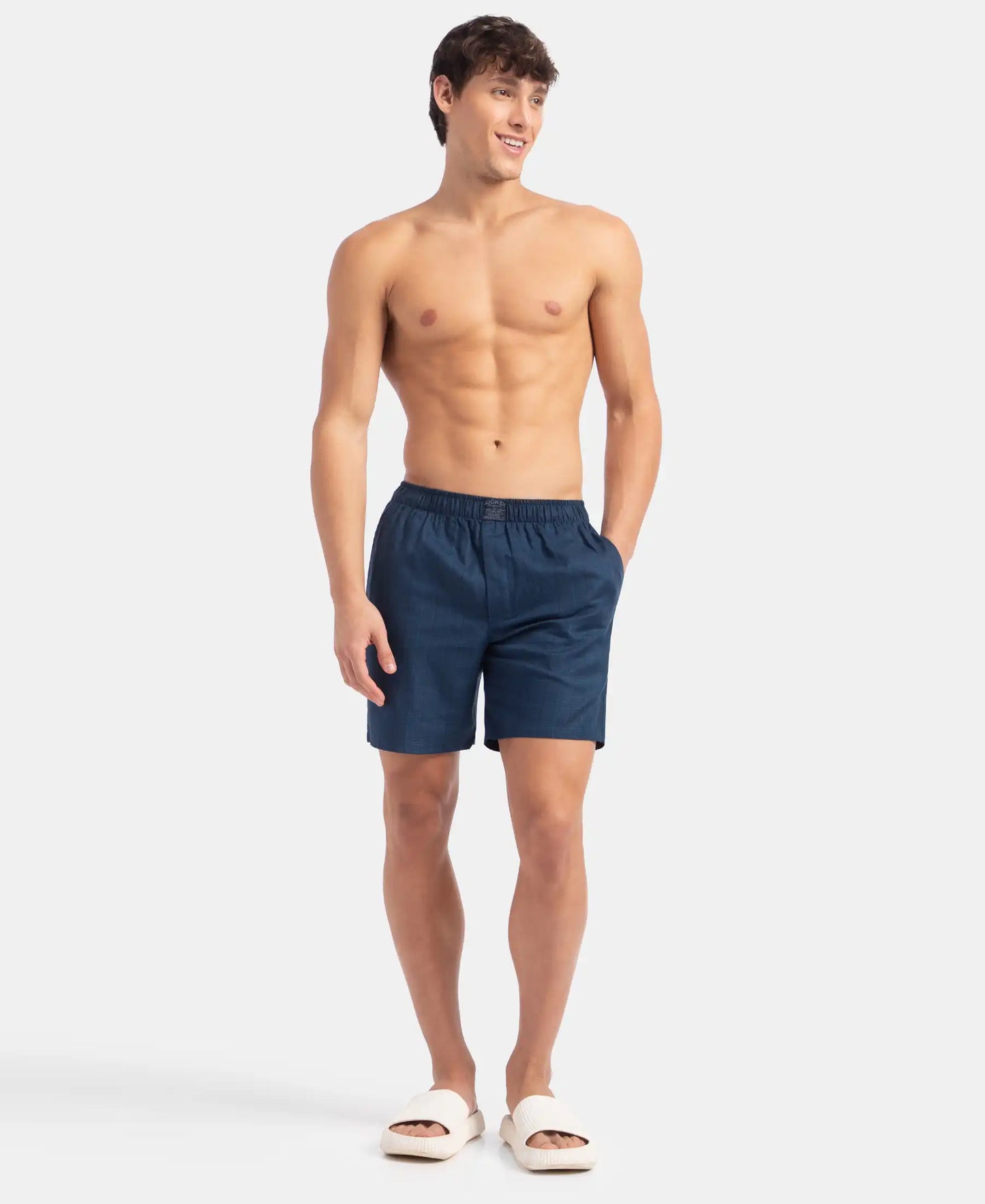 Tencel Lyocell Cotton Checkered Boxer Shorts with Side Pockets - Poseidon
